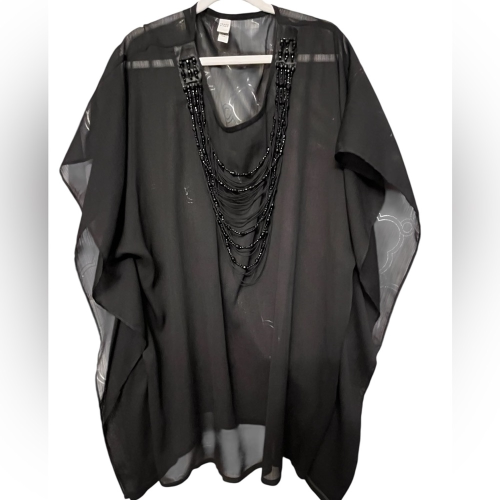 Chico’s M/L black beaded semi sheer cover up with armholes beaded neckline NWOT